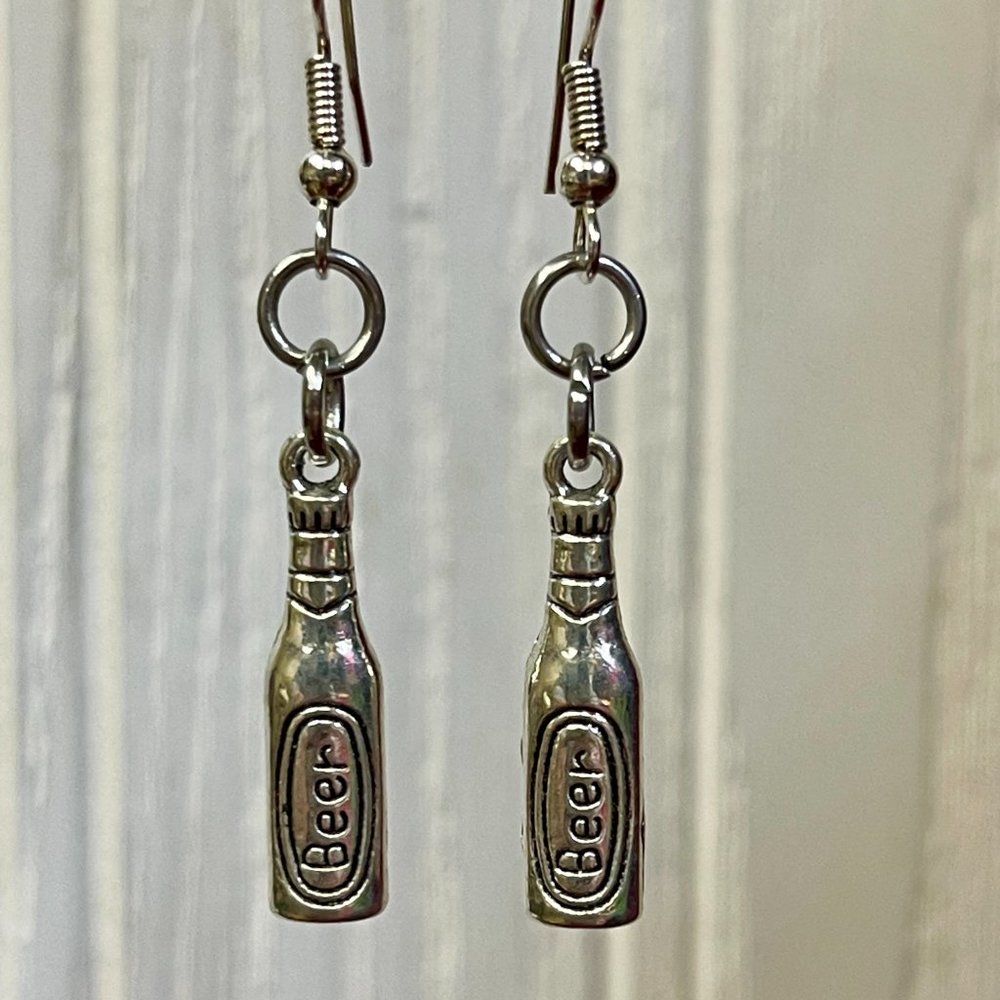 Silver Colored Beer Bottle Earrings. Brand New & Handmade!